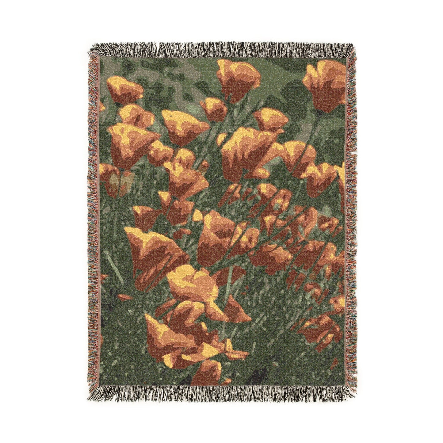 Floral patterned throw blanket with orange flowers on a white background