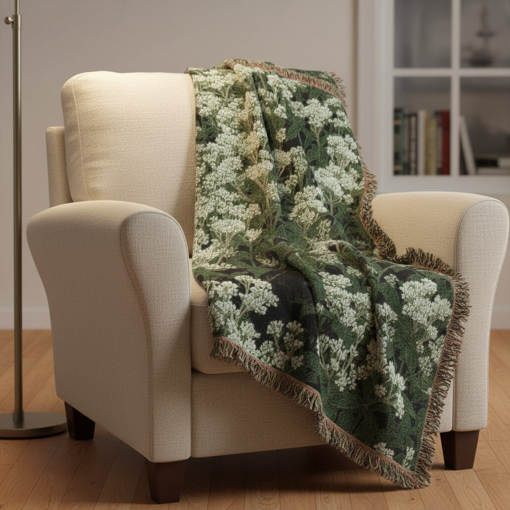 Large Woven blanket with a floral pattern on a white background