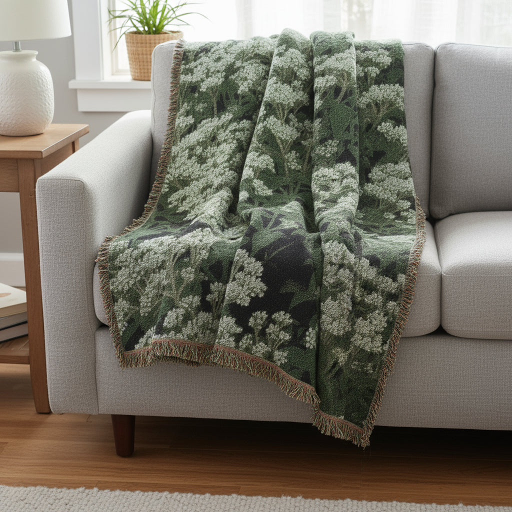 medium sized woven blanket with a nature-themed design featuring greenery and white flowers on a plain background