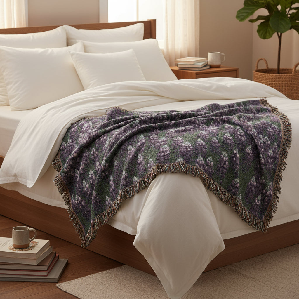 Floral patterned throw blanket with a purple and green color scheme on a white background