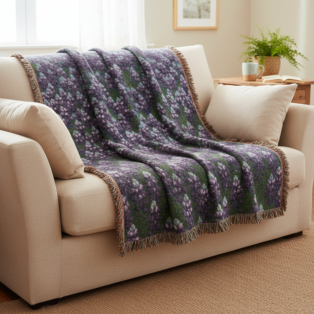 Floral patterned throw blanket with a purple and green design on a white background