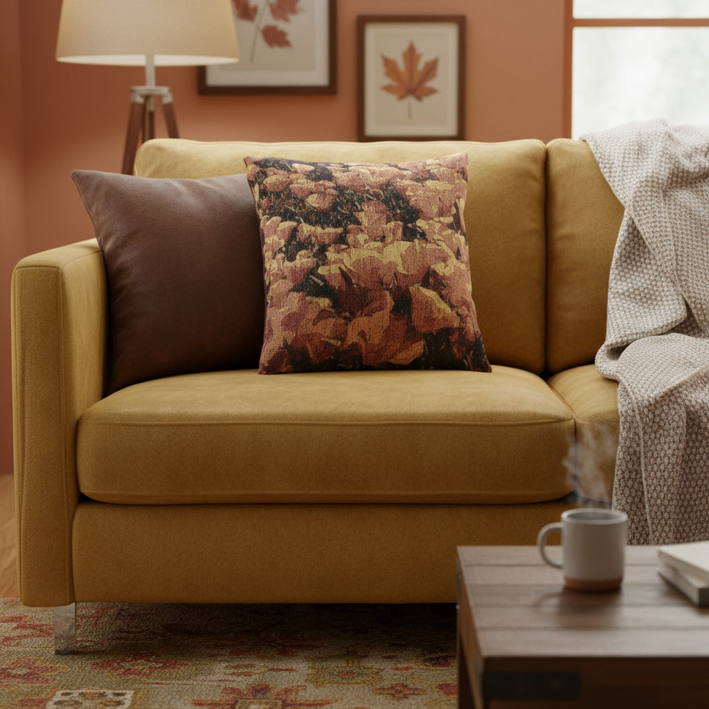 Beige sofa with a floral-patterned pillow in a living room setting. Size is 17" x 18".