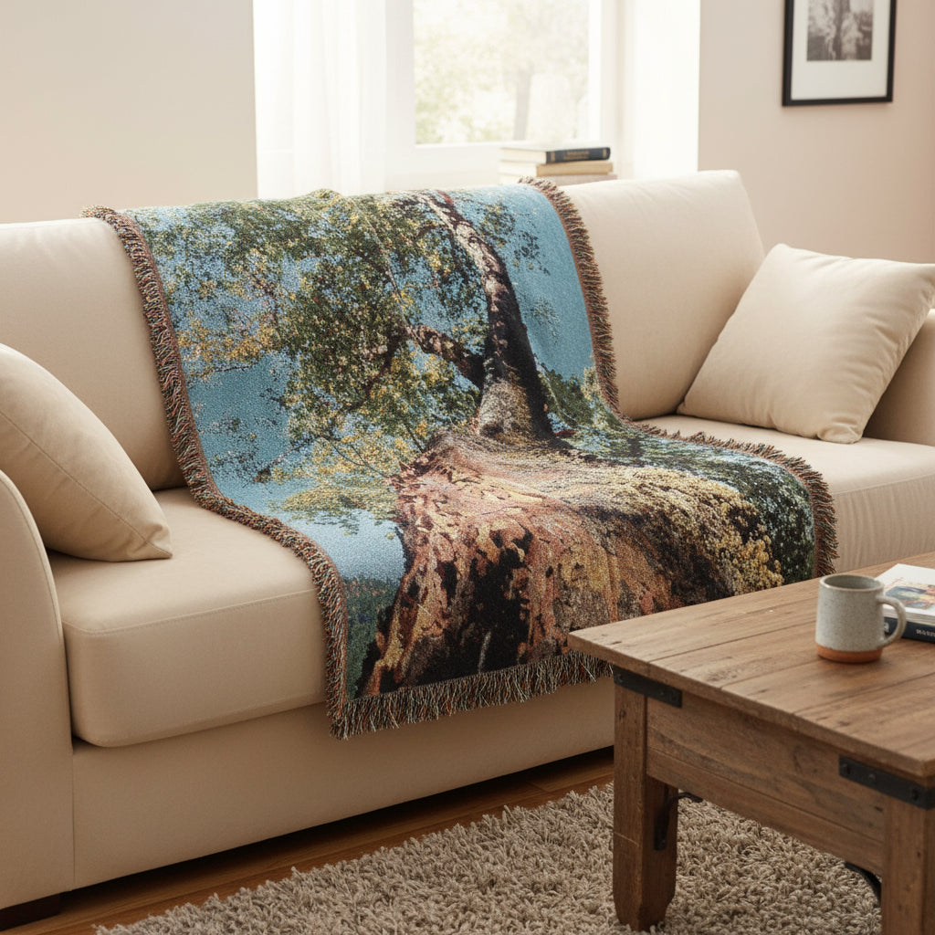 Woven blanket with a tree design on a white background