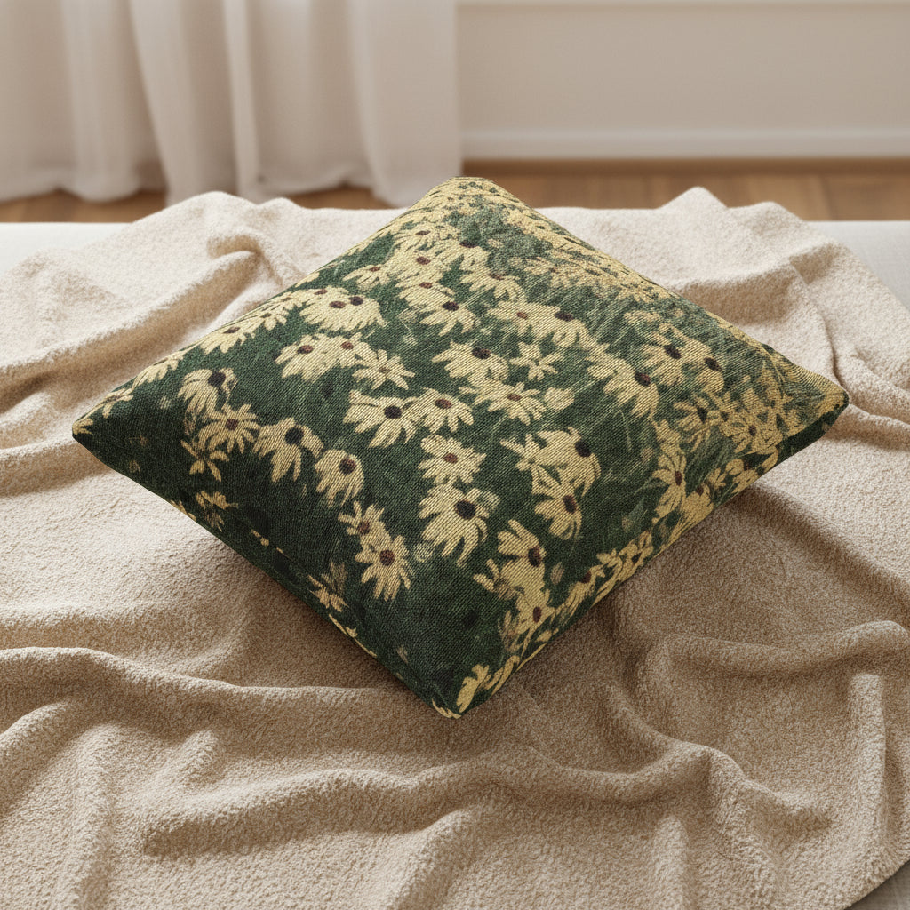 Floral patterned cushion on a white background, size is 17" x 18"