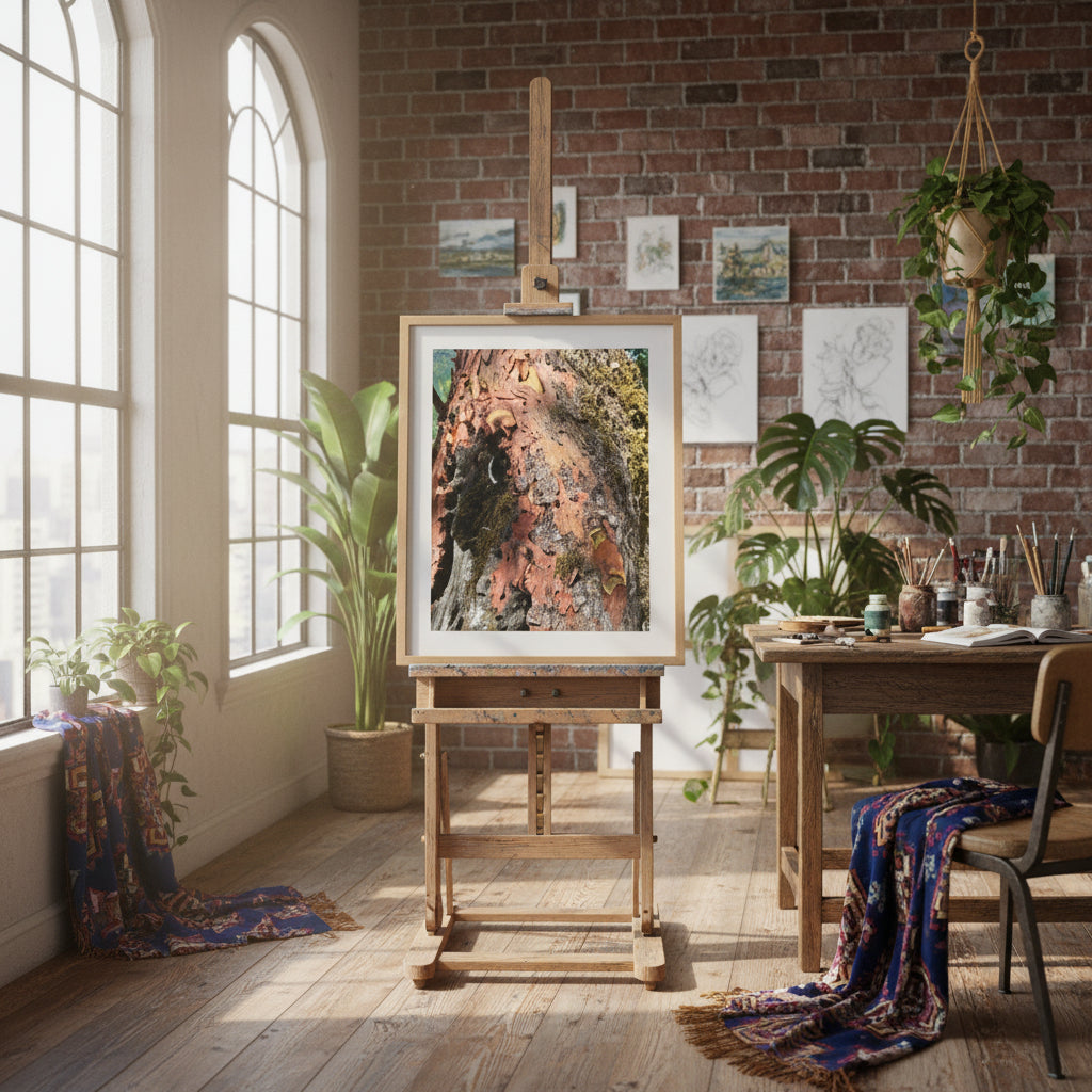 Framed artwork on a dark wall with wooden shelves and decor items. size 16" x 20"