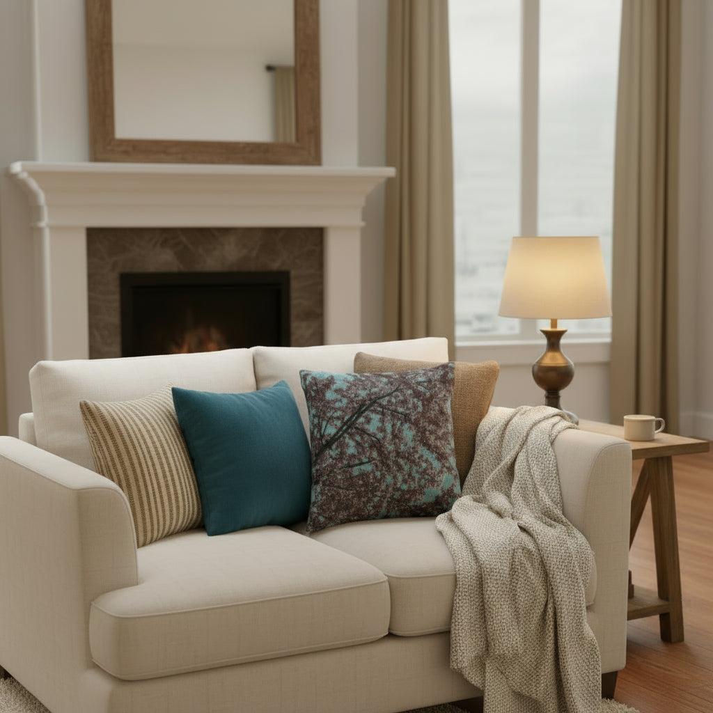 Decorative pillow with a leaf pattern on a white background. Size is 17" by 18"