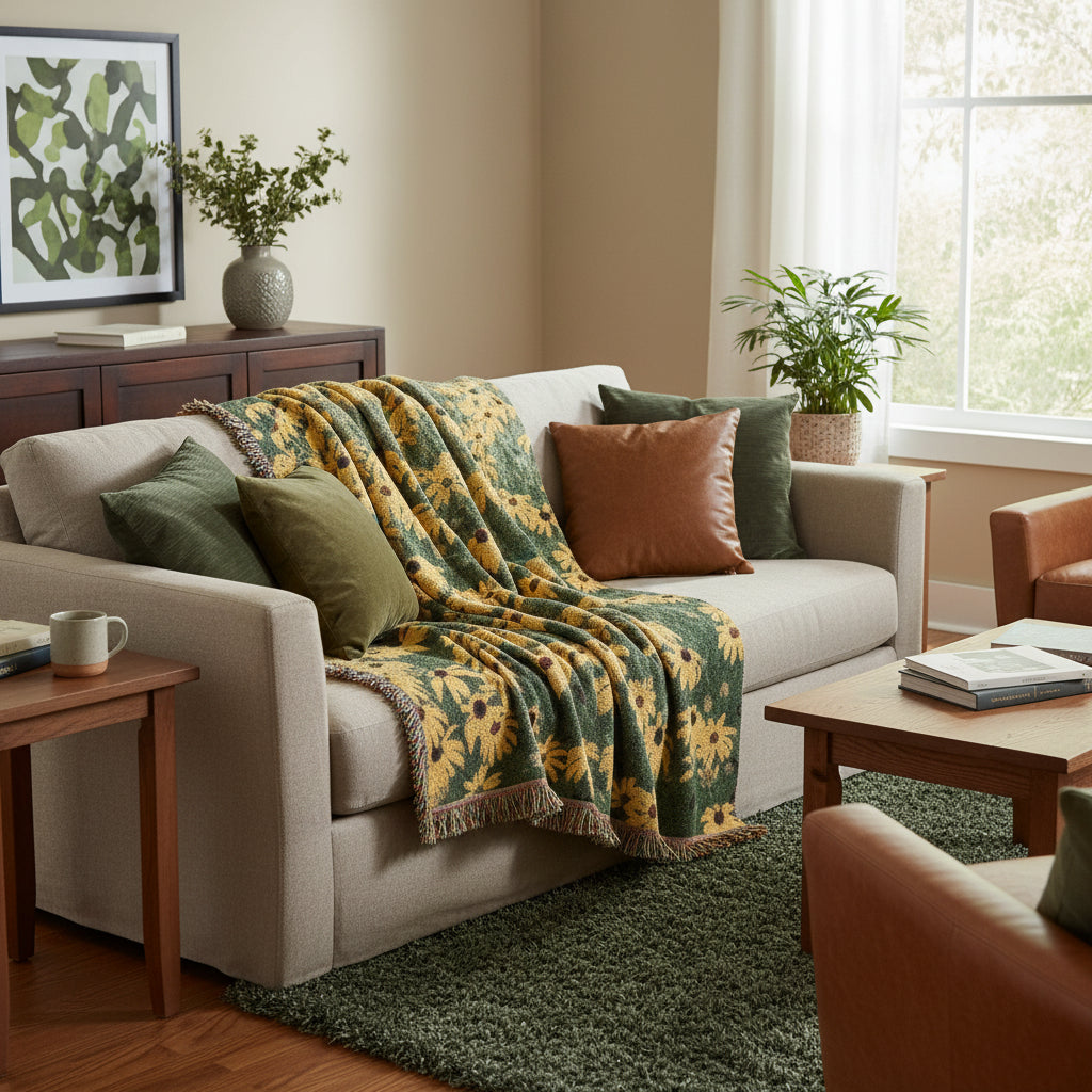 Woven blanket with yellow flower pattern on a green background