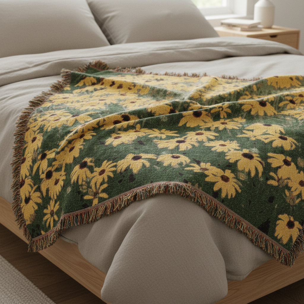 Woven blanket with yellow flower pattern on a green background