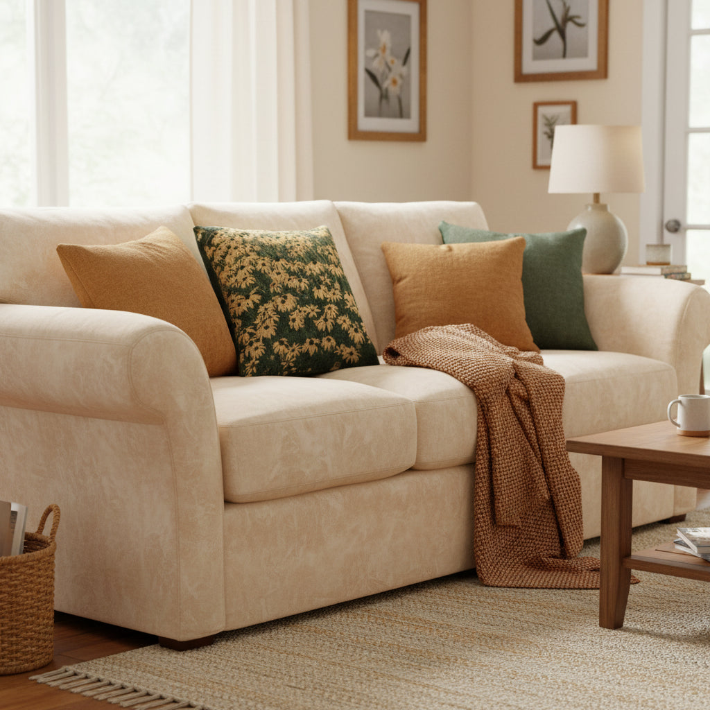 Decorative pillow with floral pattern on a white background, size 17" by 18"