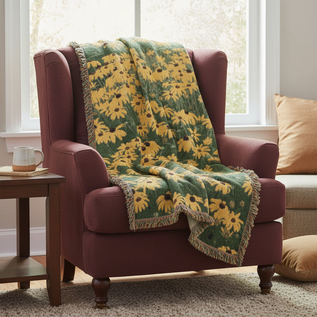 Woven blanket with yellow flower pattern on a green background