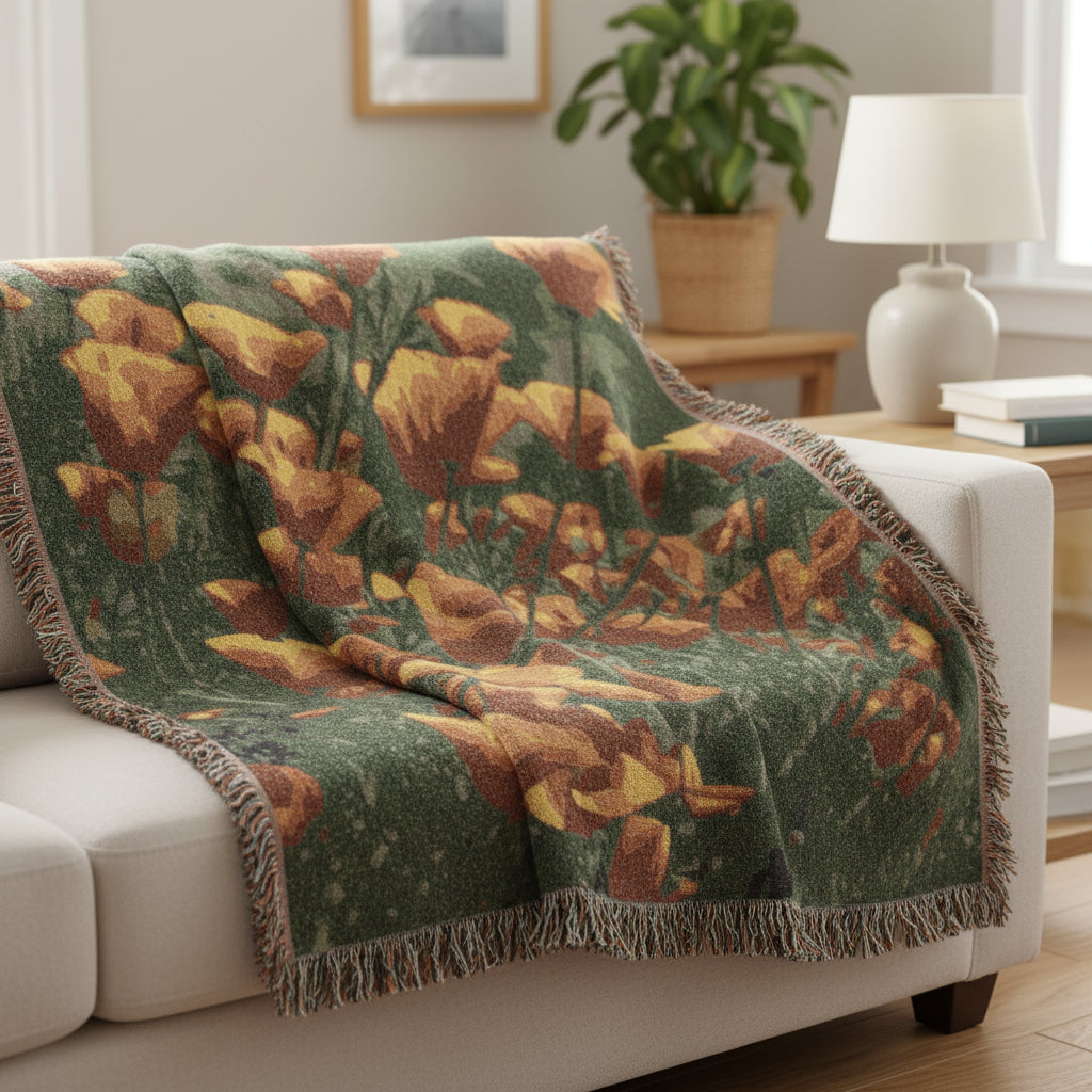 Green floral-patterned blanket with a white background