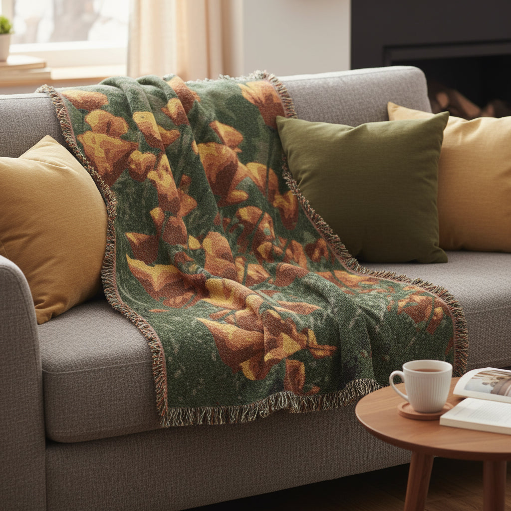 Blanket with orange and green floral accoents