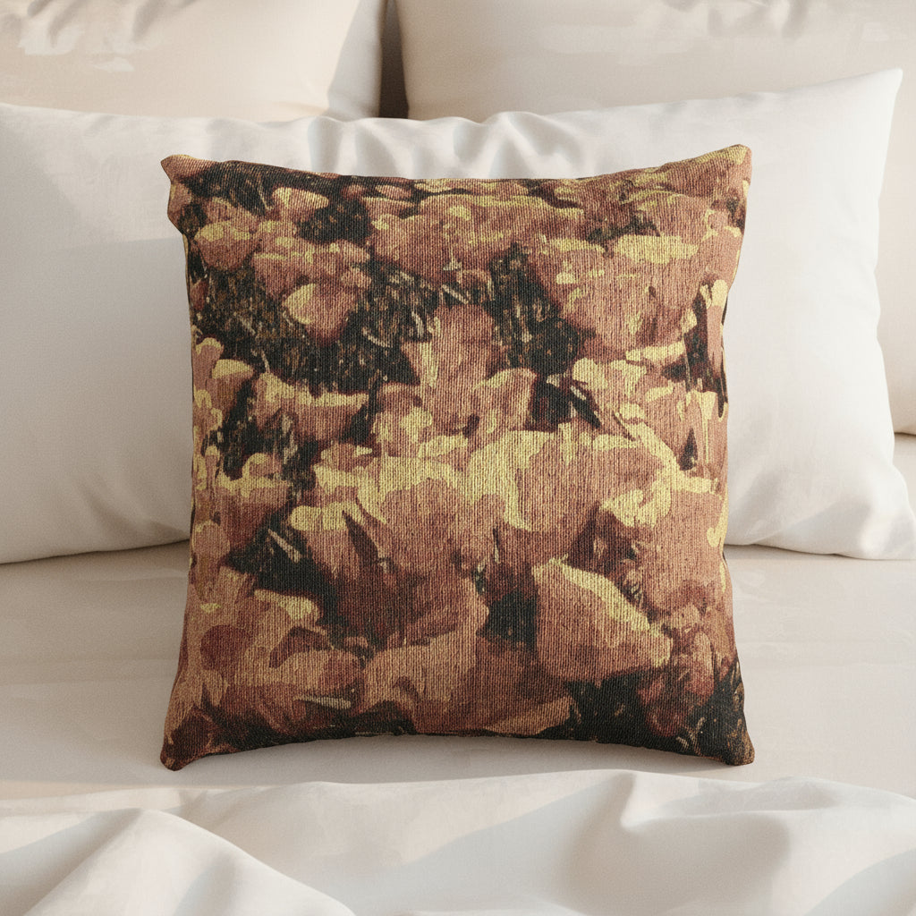 Decorative pillow on a bed with neutral tones, size 17" x 18"