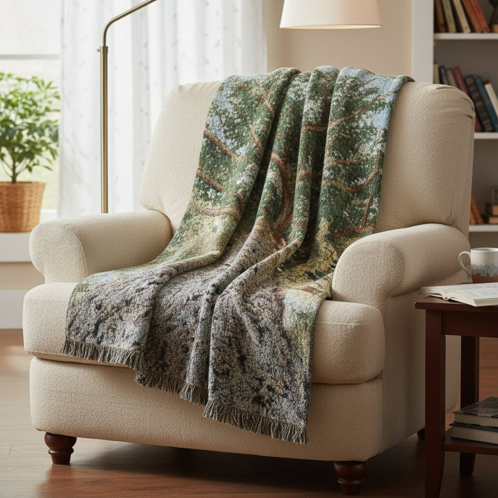 Woven blanket with a tree design on a white background