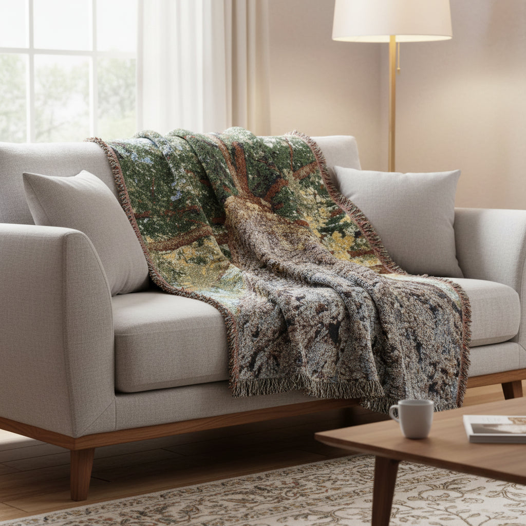 Woven blanket with a tree design on a white background