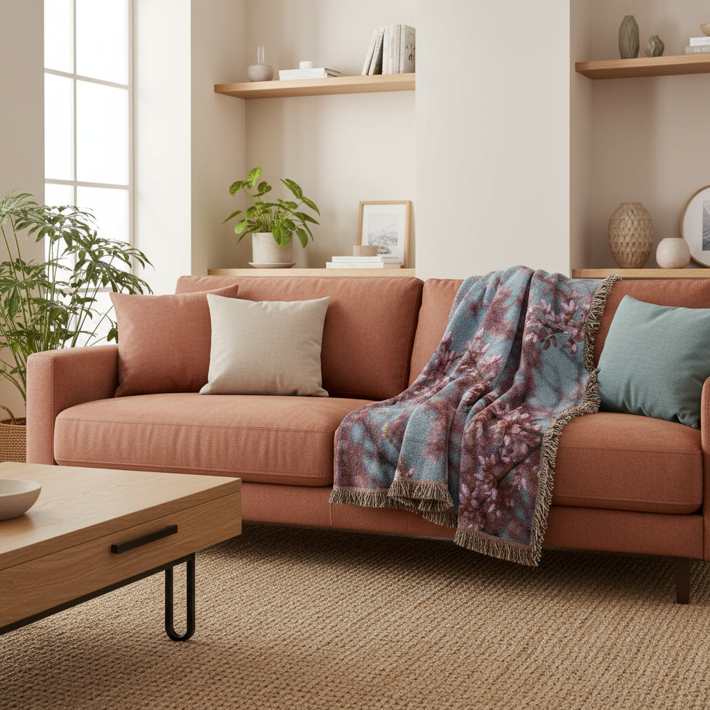 Floral patterned throw blanket with pink and purple flowers on a blue background