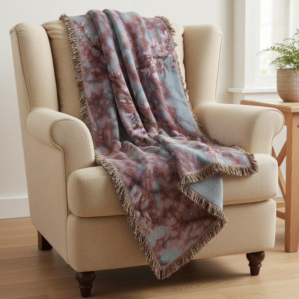 Floral patterned throw blanket with pink blossoms on a blue background