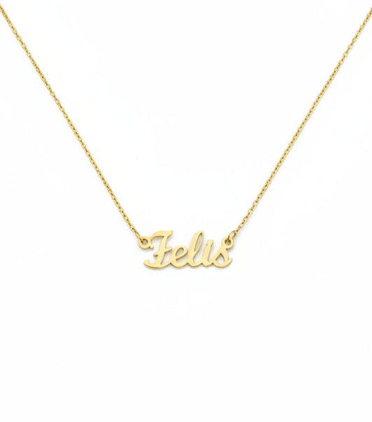 Gold necklace with 'Felis' pendant on a blurred background