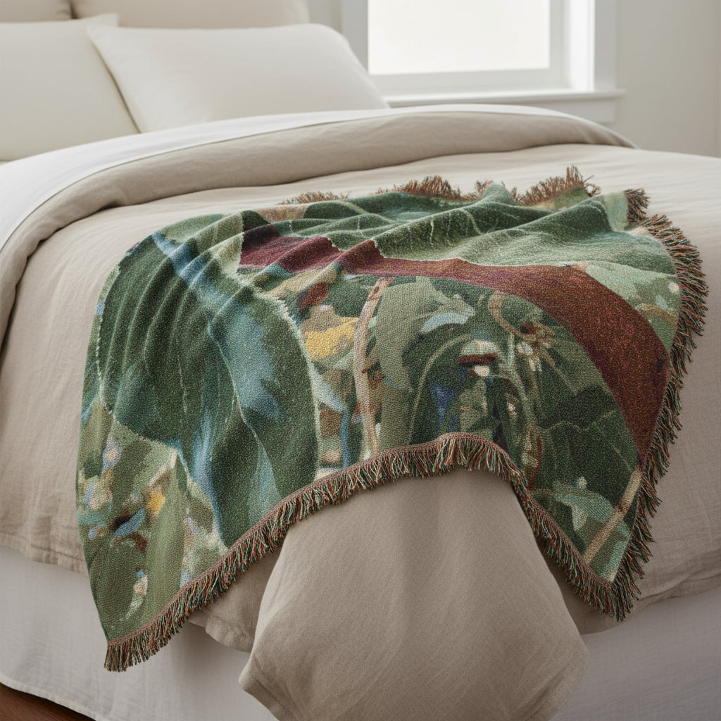Woven blanket with nature-themed design featuring leaves and branches on a white background