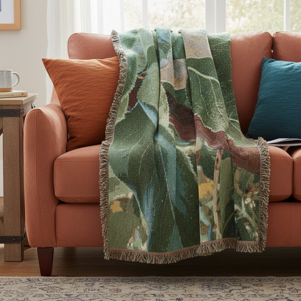 Woven blanket with leaf pattern on a white background