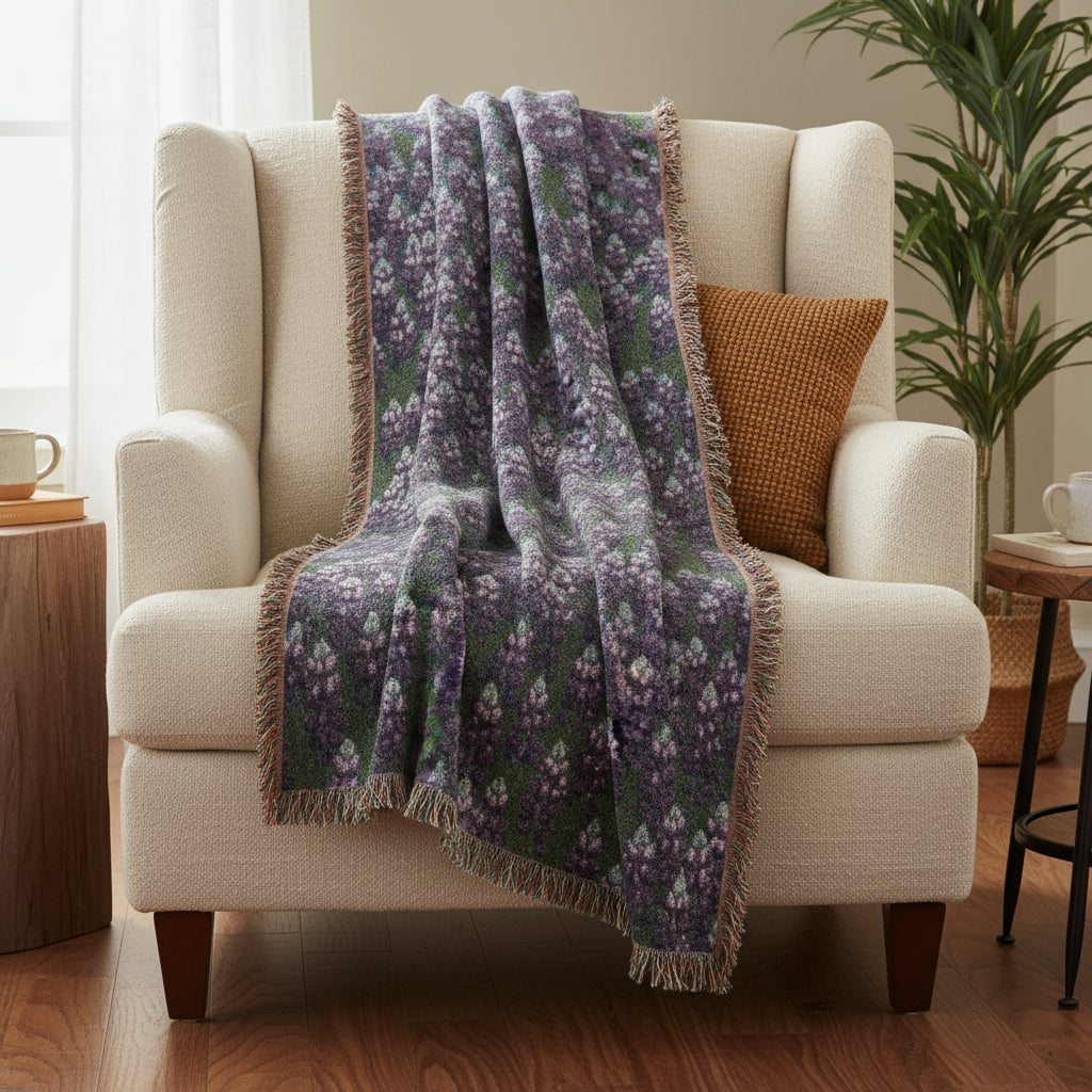 Woven blanket with purple floral pattern on a white background