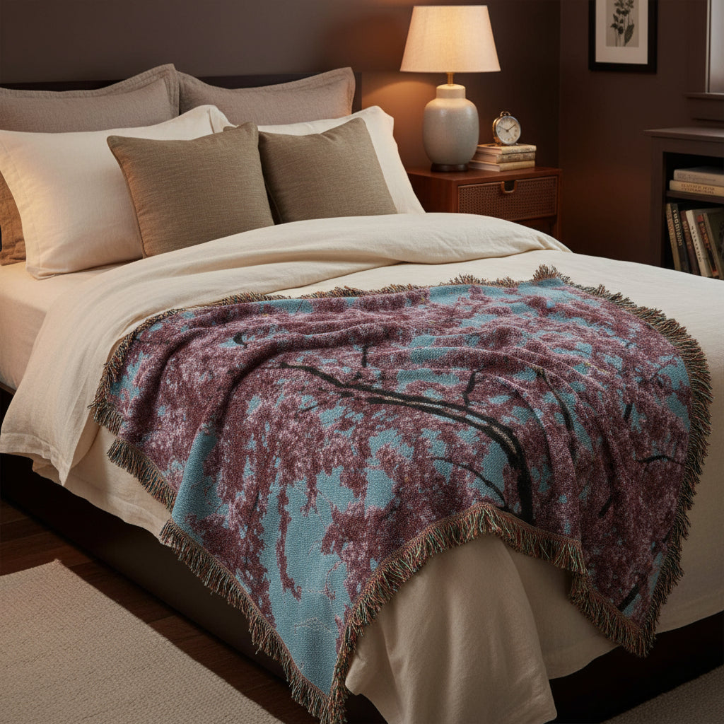 Woven blanket with tree design on a white background