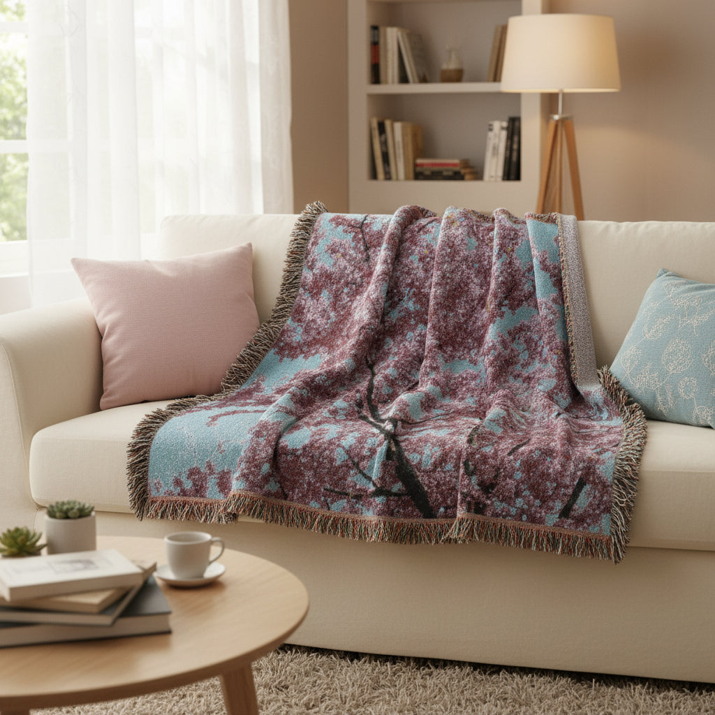 Woven blanket with cherry blossom design on a blue background