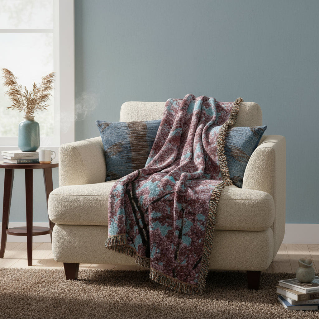 Woven blanket with cherry blossom design on a white background
