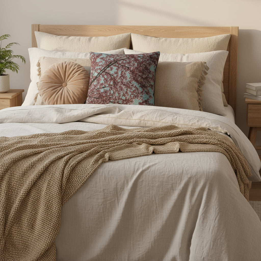 Decorative pillow with a leaf pattern on a white background, size is 17" x 18"